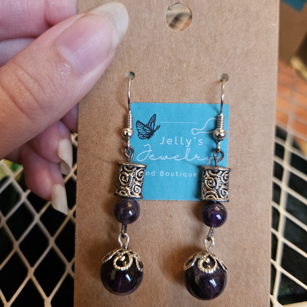 Jelly's Jewelry And Boutique Handcrafted Purple And Silver Long Dangle Earrings